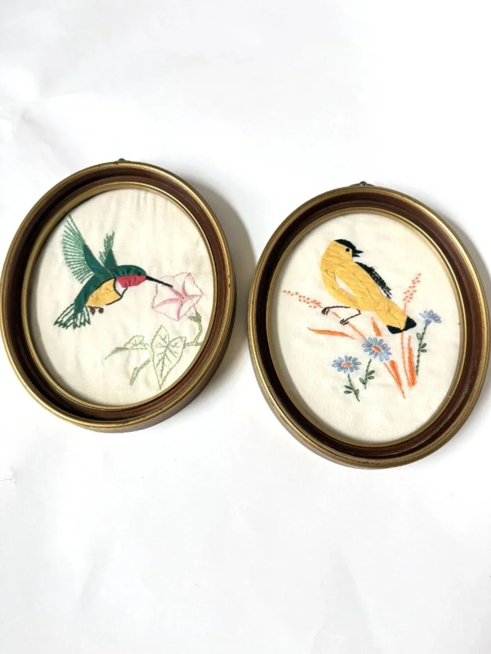 Vintage Embroider Applique Needlepoint Bird Art Wall Decor Hummingbird Goldfinch